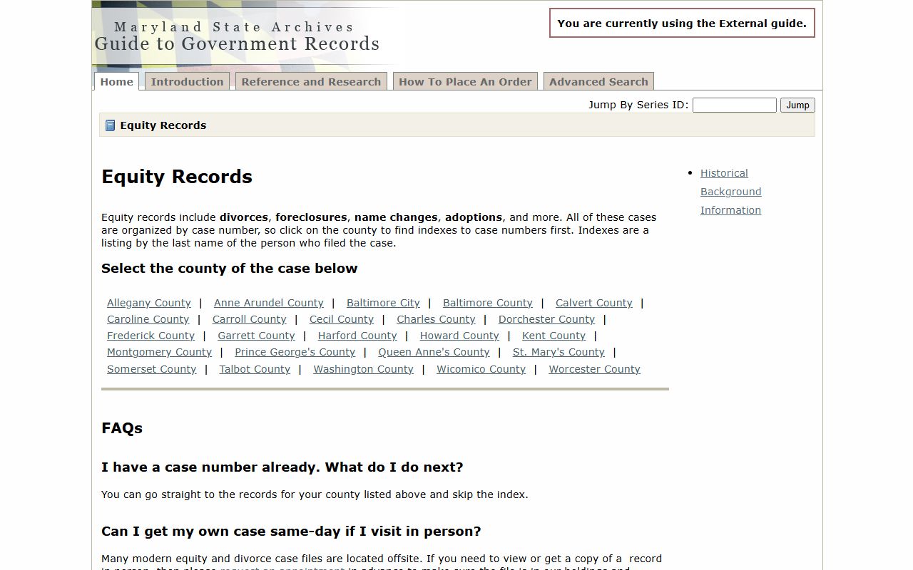 Maryland State Archives divorce guide showing historical divorce record holdings by county