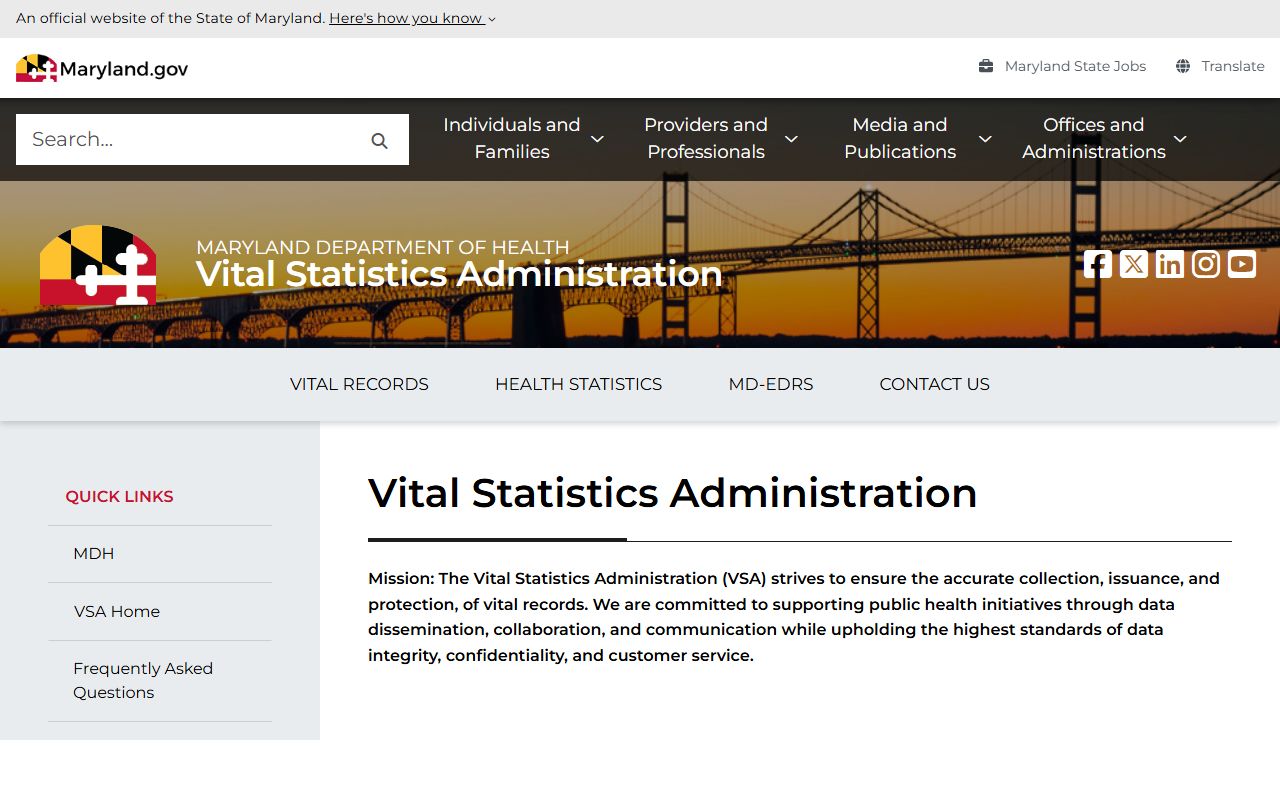Maryland Department of Health Division of Vital Records divorce verification page